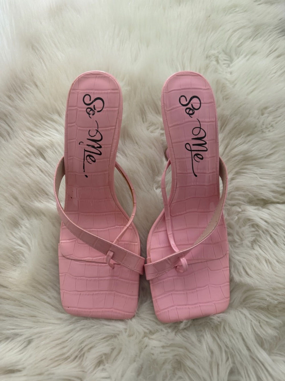 So Me Pink Croc-Embossed Square-Toe Slide Heels